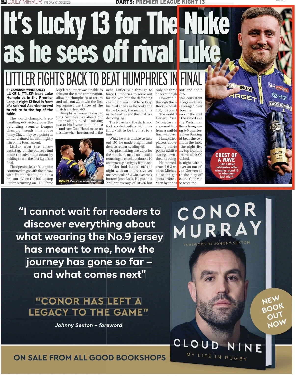 Newspaper page with a large headline, a photo of a smiling man in a blue sports jersey making a peace sign, and an article about darts. The page also features a book cover of Conor Murray's biography titled 'Cloud Nine' with a quote from Johnny Sexto
