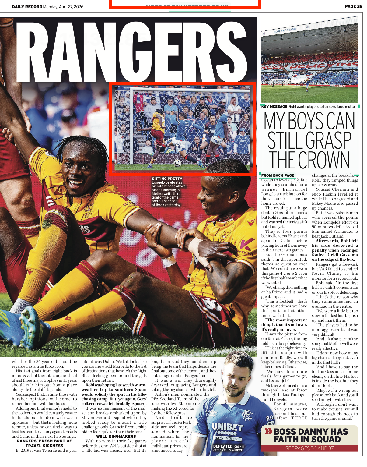 A sports newspaper page featuring a large image of two soccer players celebrating a goal, with a smaller inset photo of a soccer match in a stadium, and a man in a blue jersey at the bottom.