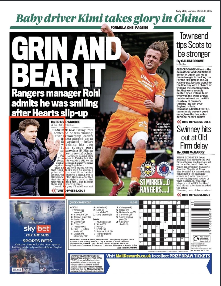 Front page of a newspaper featuring a large photo of a rugby player in an orange uniform celebrating, with headlines about a rugby match, a crossword puzzle, and advertisements for betting and prize draws.