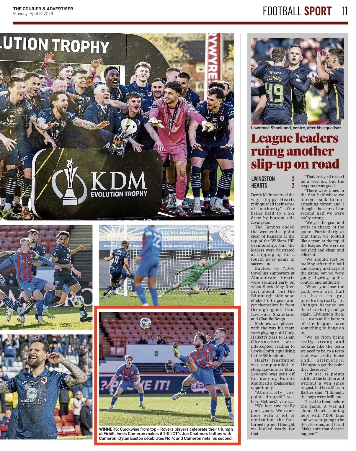 Photographs of soccer players celebrating a victory, including a team portrait holding a trophy, players on the field during a match, and a goalkeeper making a save; with accompanying news article and headlines about league leaders.