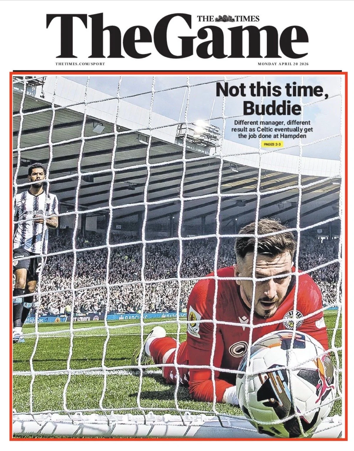Front page of The Times sports section with a photo of a soccer match, showing a goalkeeper in red reaching for a ball near the goal line, and a player in black and white striped uniform walking in the background.