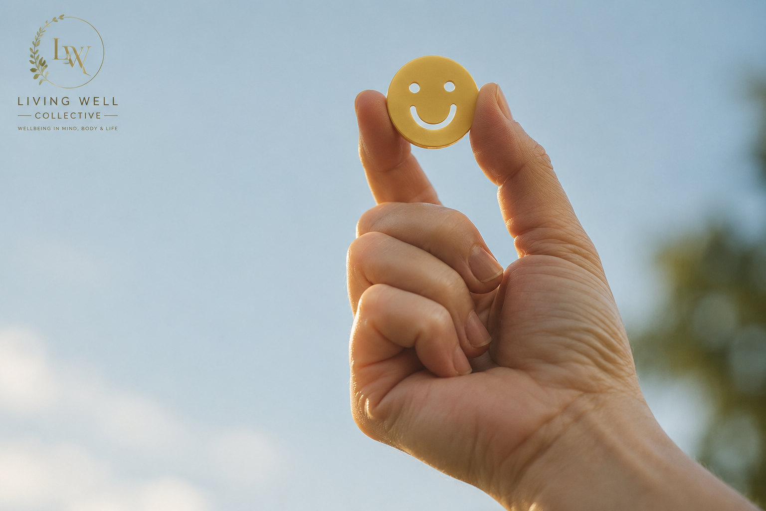 Smiley face cookie representing positive mindset, happiness and emotional wellbeing.