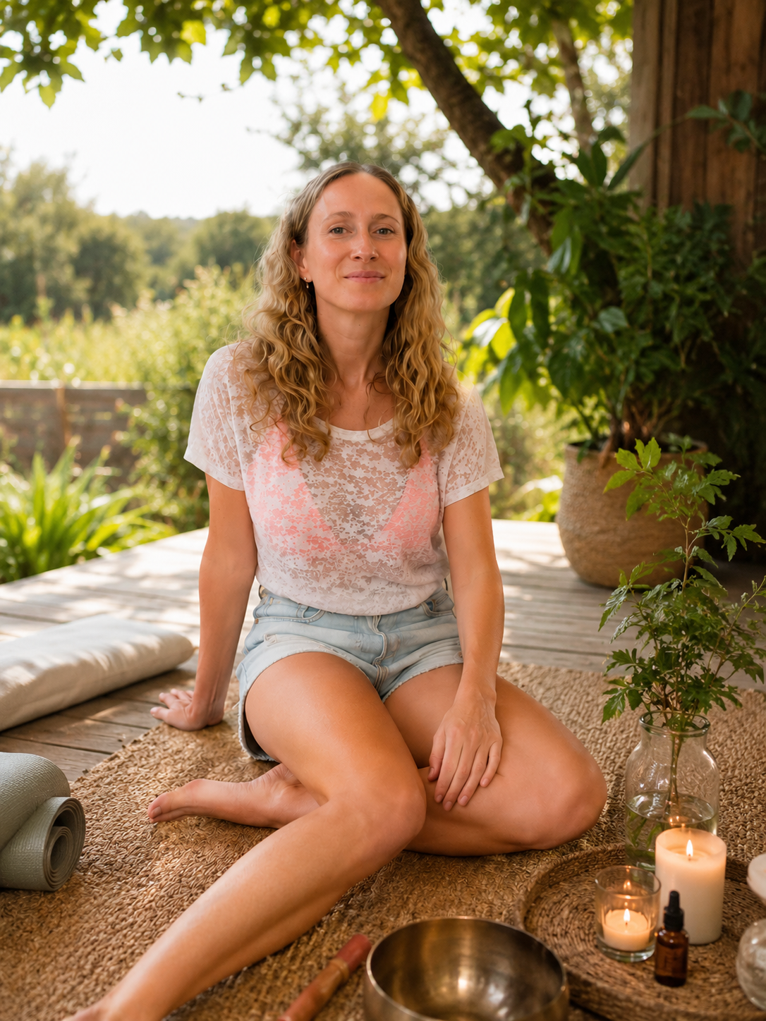 A woman with long curly blonde hair sitting cross-legged on a mat outdoors, surrounded by plants and candles, with a serene expression.
