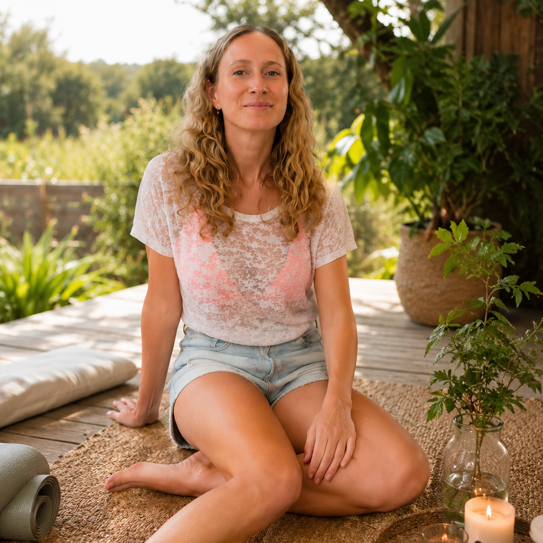 A woman with curly blonde hair sitting on a rug outdoors, smiling at the camera, surrounded by plants, candles, and yoga mats.
