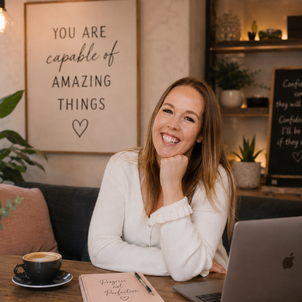 A smiling woman with long red hair sitting at a wooden table in a cozy cafe, with a cup of coffee, a notebook labeled 'Progress not Perfection,' and a laptop in front of her. Behind her, there is a large inspirational sign that reads 'You are capable of amazing things' with a heart symbol, and some decorative plants and shelves.