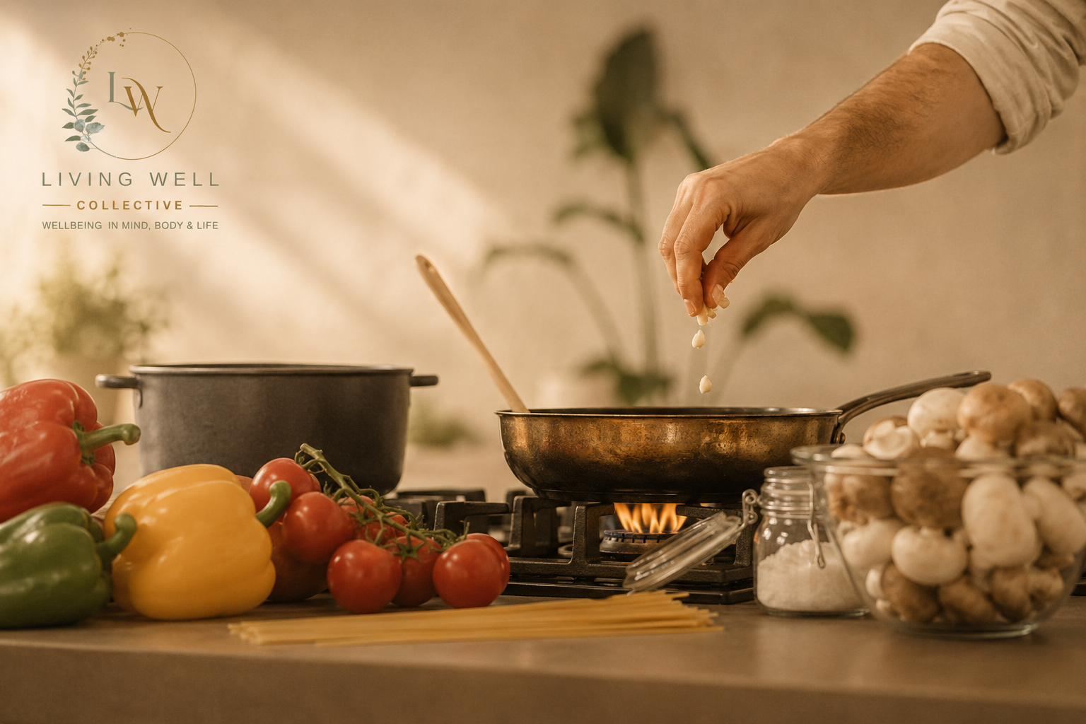 Person cooking on a stovetop with various vegetables including red, yellow, and green bell peppers, cherry tomatoes, and mushrooms on the counter. A pot is on one burner, and a wooden spoon is in the pan. The person is sprinkling garlic or seasoning into the pan. The background scene is softly blurred, and there is a logo on the upper left corner that reads 'Living Well Collective' with a decorative emblem.