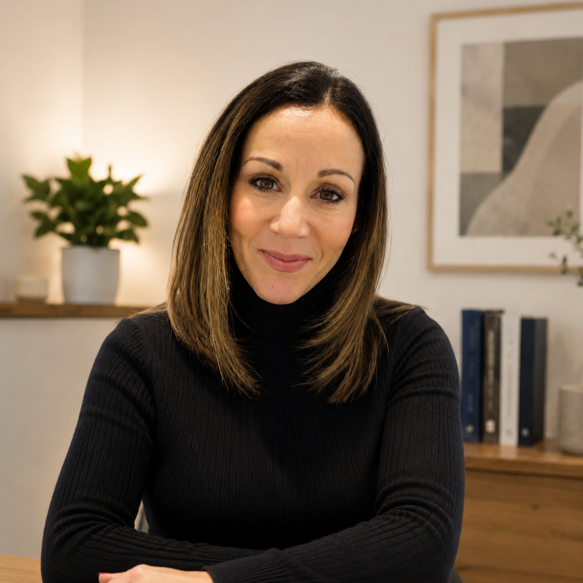 A woman with shoulder-length brown hair wearing a black turtleneck sitting at a wooden table in a room with a white wall, potted plant, framed artwork, and books in the background.