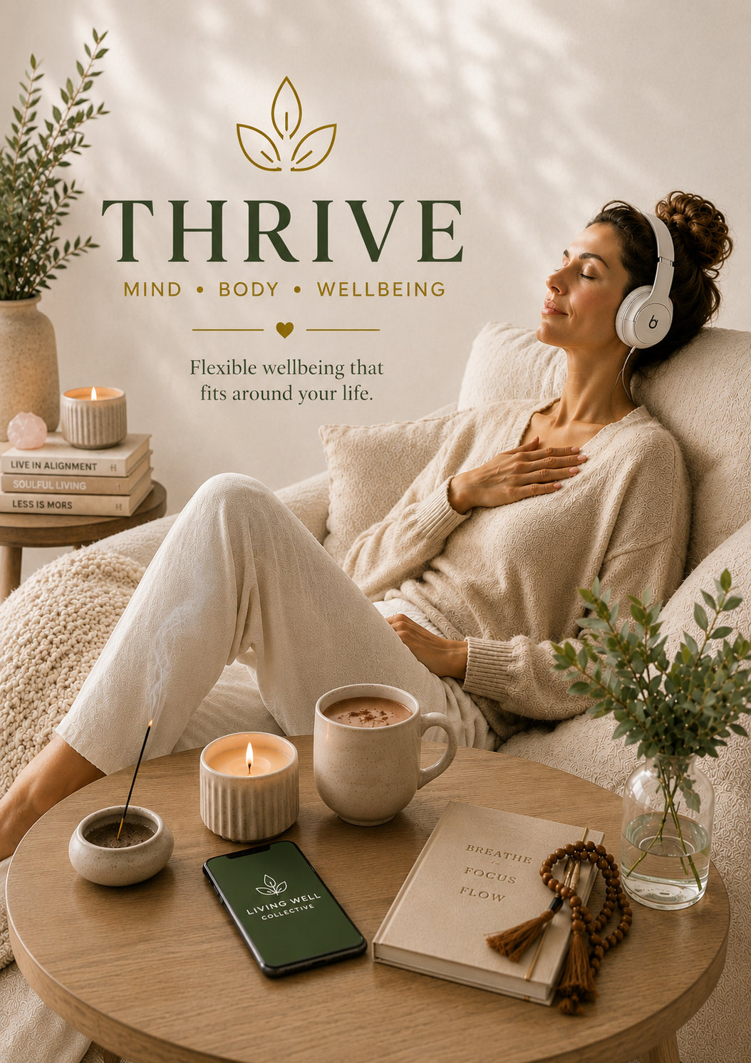 A woman relaxing on a beige sofa with headphones, surrounded by candles, a mug of hot chocolate, a smartphone, a book titled 'BREATHE FOCUS FLOW', and a vase of greenery in a cozy, neutral-colored living room.