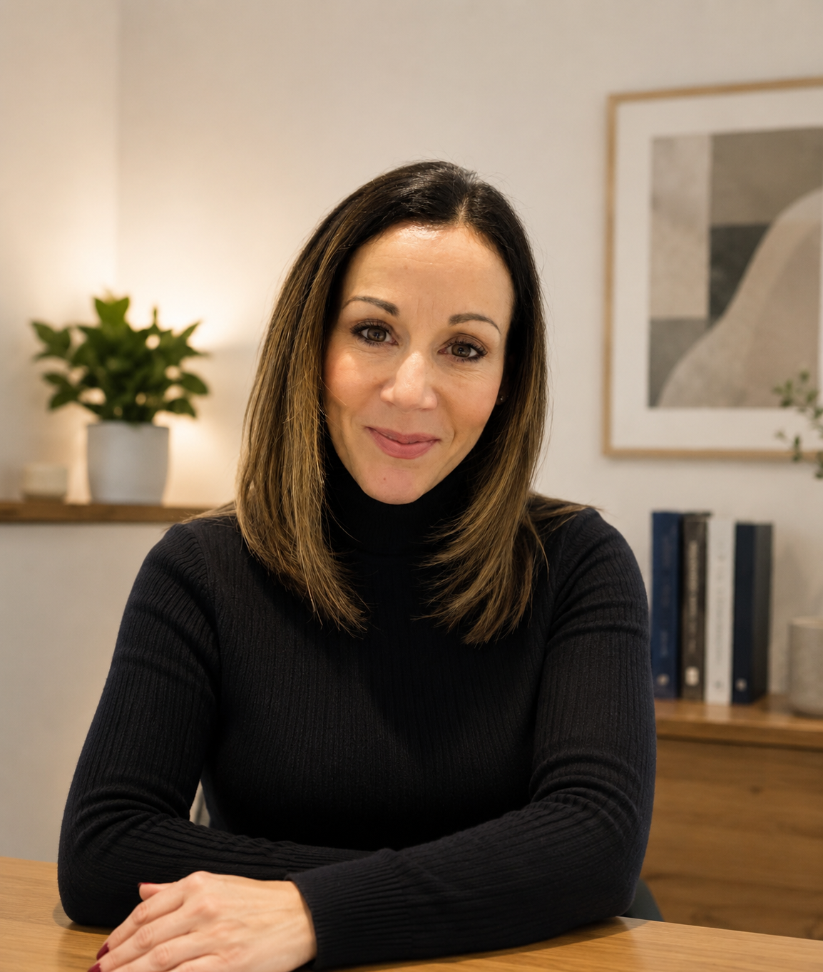 A woman with brown hair and a black turtleneck sitting at a wooden table in a modern room, smiling at the camera.