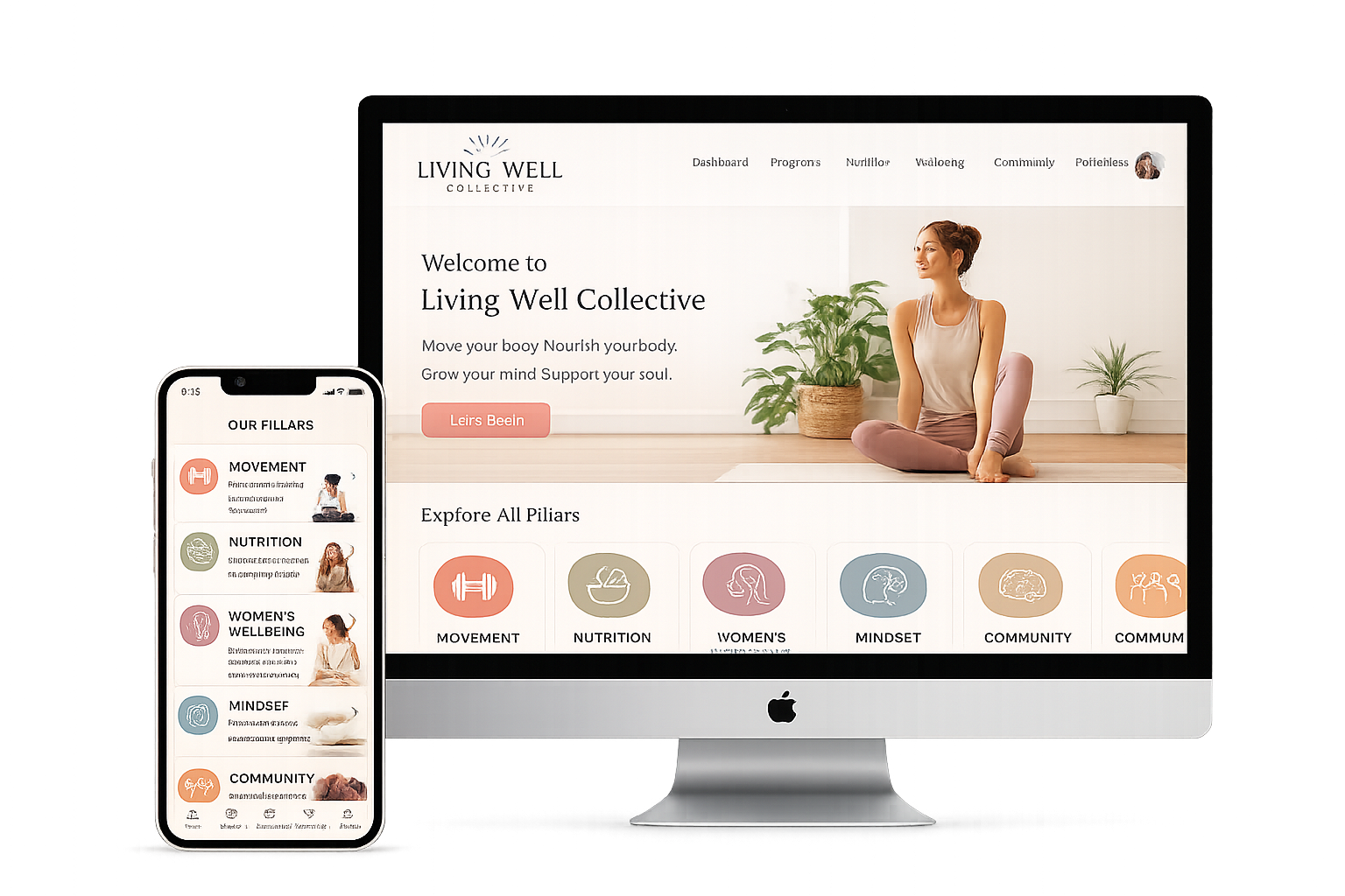A desktop computer and a smartphone displaying the website and app of Living Well Collective, a wellness platform. The website features a woman practicing yoga indoors with plants in the background, and the app shows icons for movement, nutrition, women’s wellbeing, mindset, community, and communication.