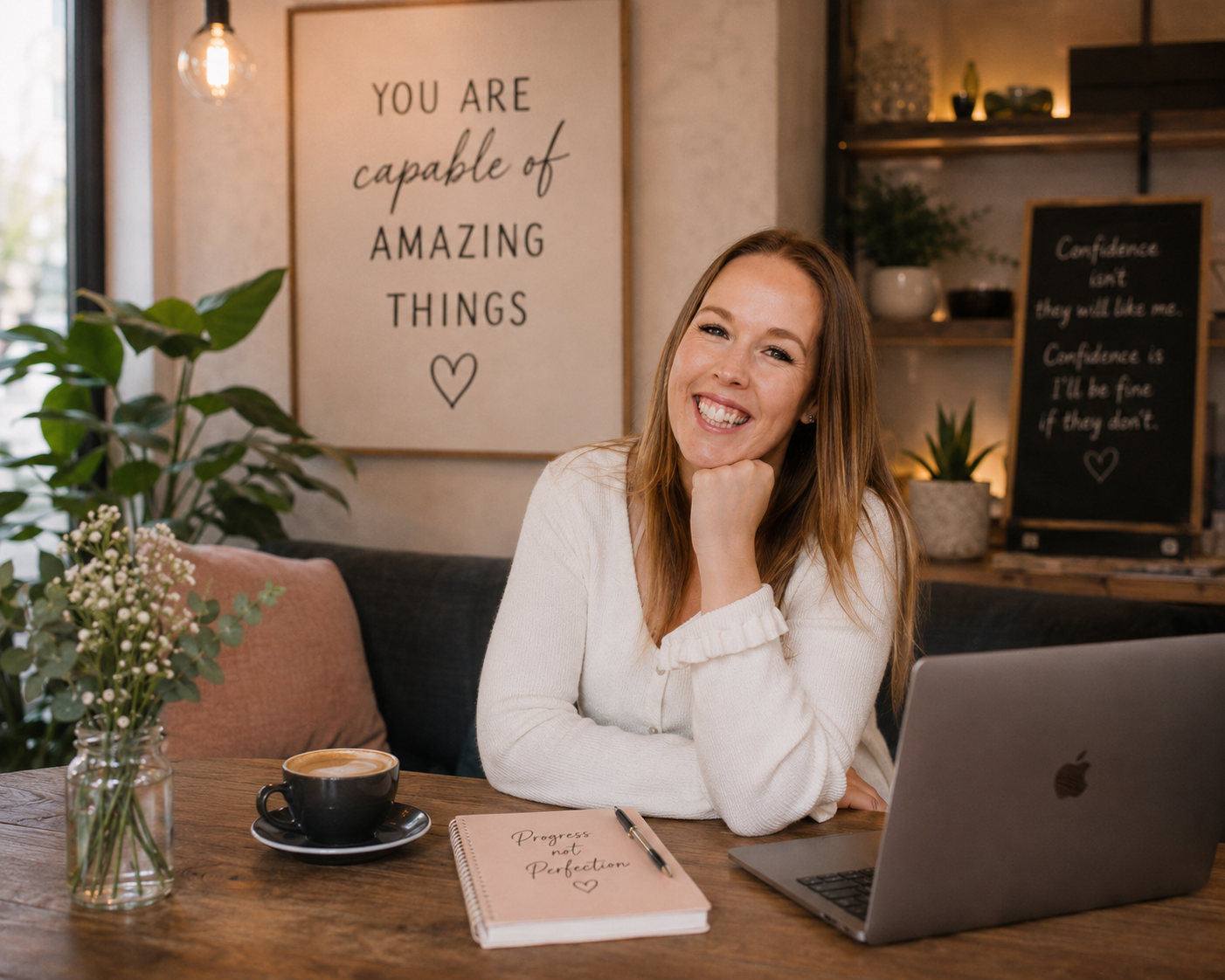 A smiling woman with long hair sitting at a wooden table in a cozy room, with one hand resting on her chin. On the table is a black coffee cup, a notebook with the phrase "Progress not Perfection" and a pen. Behind her, a large framed quote reads "You are capable of amazing things". The room has plants, a laptop, and decorative signs with inspirational text.