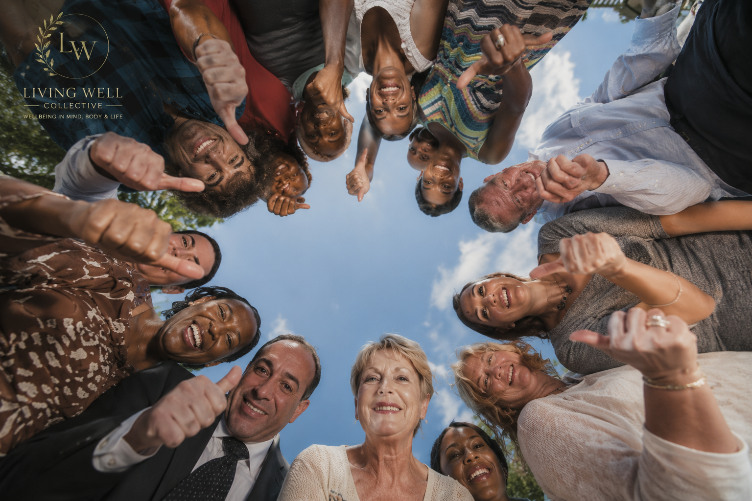 Diverse group of people forming a circle, representing community, connection and support.