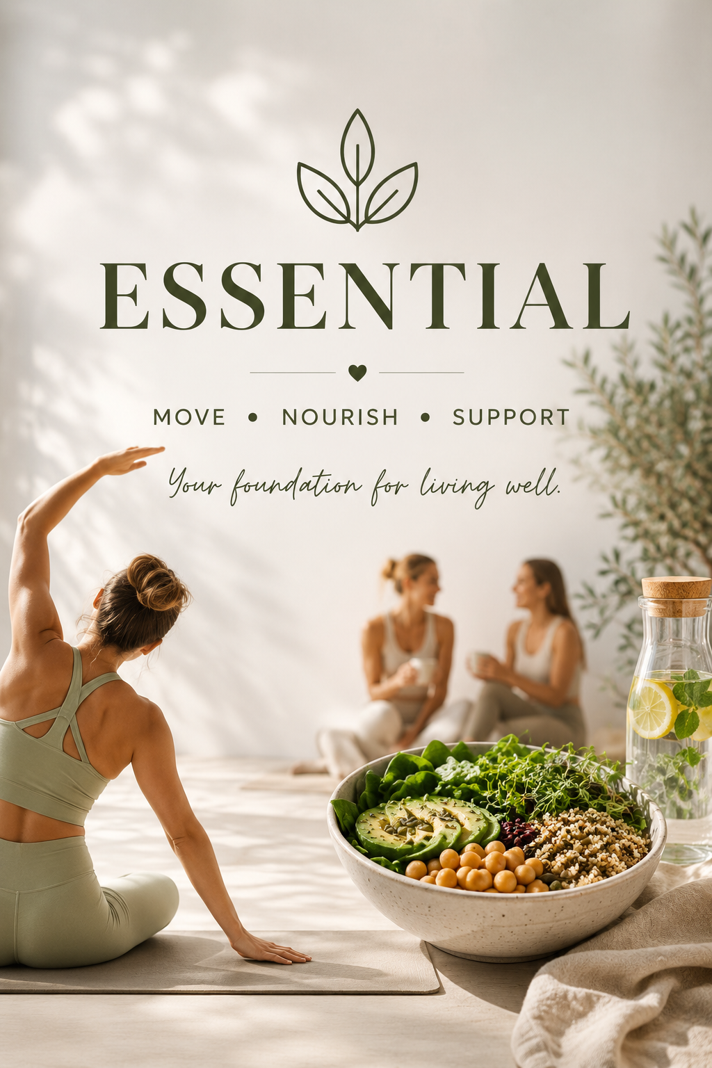 A woman in workout clothes practicing yoga on a mat with a large bowl of salad containing avocado, chickpeas, and greens in front of her. Two women sit and talk in the background in a bright, airy room with plants and a glass pitcher of lemon-infused water.