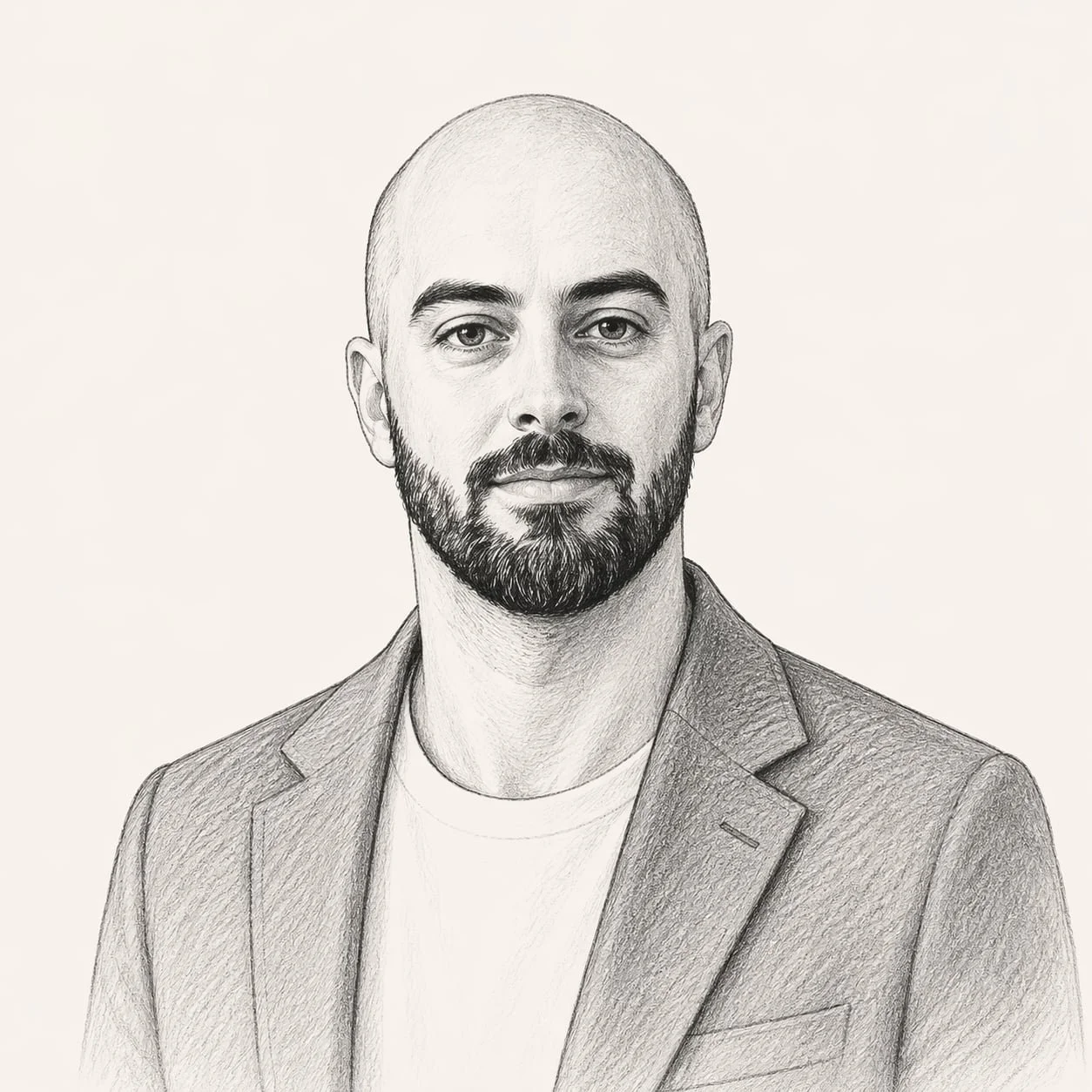 A black and white sketch of a man with a beard and short hair, wearing a blazer over a t-shirt.