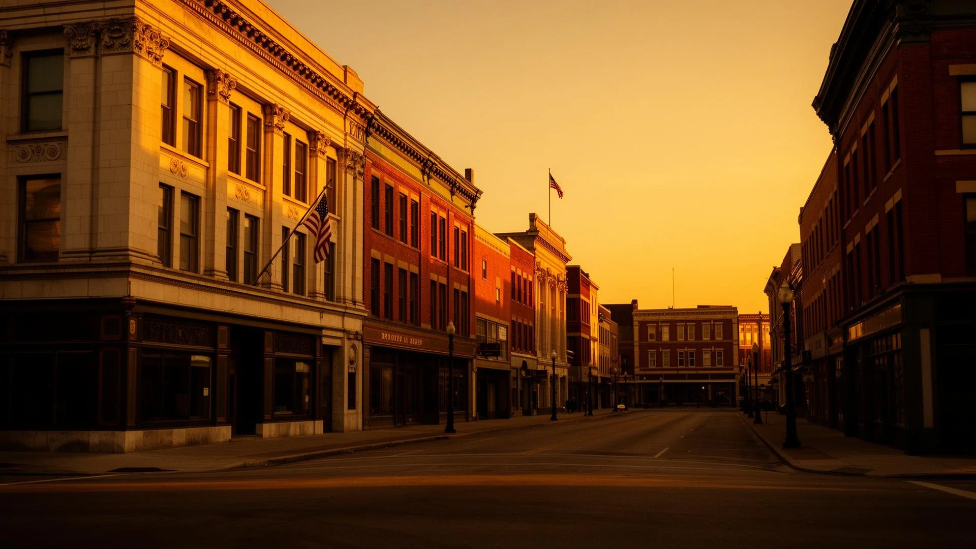 Empty street lined with historic brick and stone buildings at sunset, American flags flying