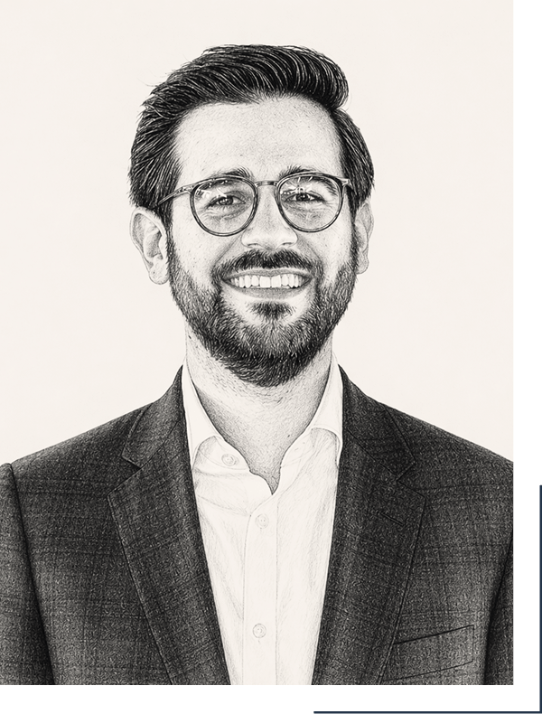 A black-and-white drawing of a smiling man wearing glasses, a suit, and a white shirt.