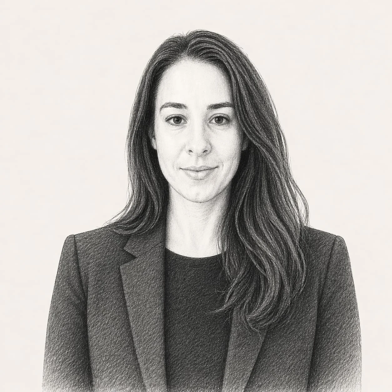 Black and white portrait of a woman with long wavy hair, wearing a blazer and a top, looking directly at the camera.