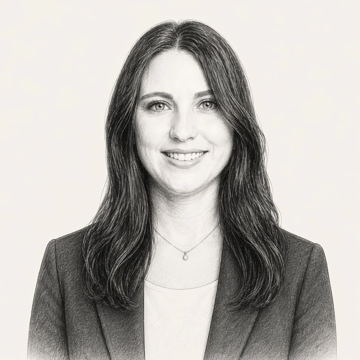 Black and white portrait of a woman with long dark hair, wearing a blazer and a necklace, smiling at the camera.