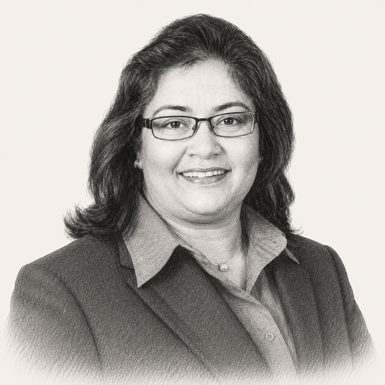 Black and white portrait of a woman with long dark hair, wearing professional business attire.