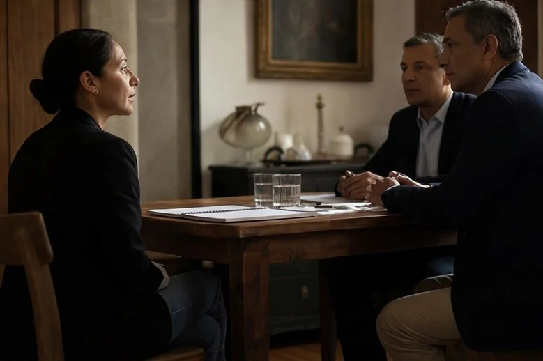 Three people sit at a wooden table during a serious conversation in a well-lit room, with a woman facing two men across from her.