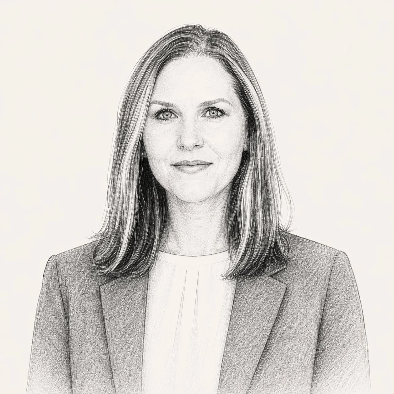 Black and white sketch of a woman with straight hair wearing a blazer and white top, looking directly at the camera.