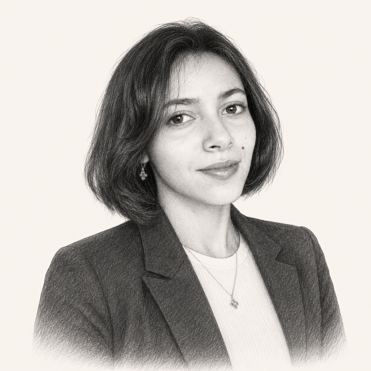 Black and white sketch of a woman with straight hair wearing a blazer and white top, looking directly at the camera with shoulder facing slightly to the side.