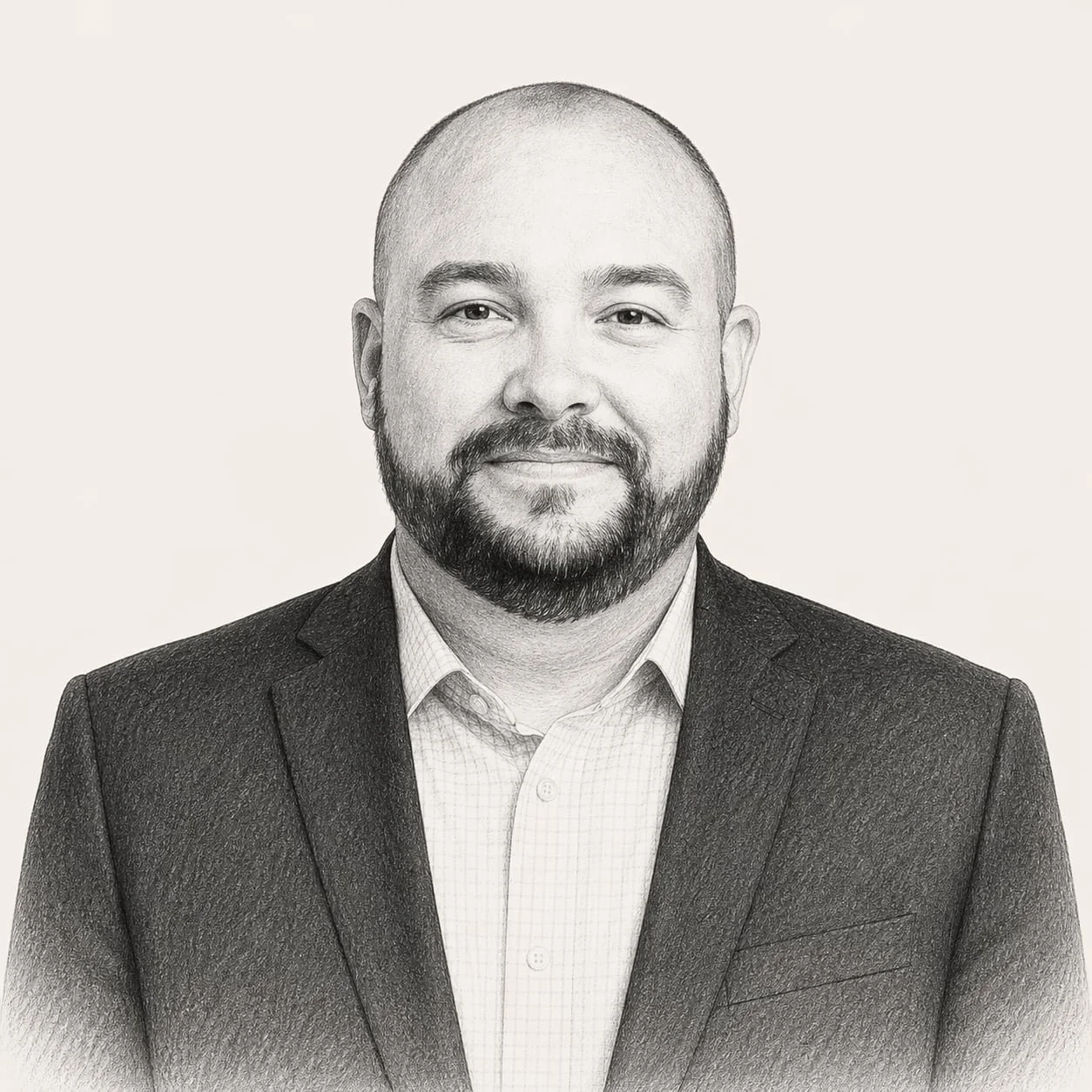 Black and white professional portrait of a man with a beard and mustache, wearing a suit jacket over a light-colored dress shirt, smiling slightly, against a plain background.