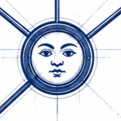 Ilustración de un rostro humano con expresión neutral, rodeado por líneas y círculos que semejan un esquema técnico o blueprint, en tonos azules.