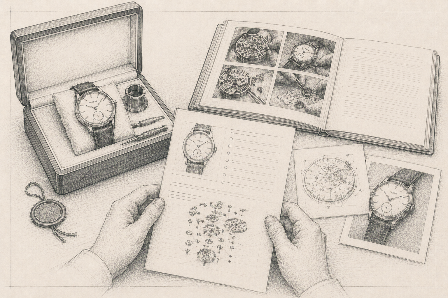 Dibujo en lápiz de un proceso de reparación de relojes con varios relojes, herramientas, diagramas y documentos en una mesa.