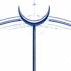 Imagen de un objeto con forma de media luna en la parte superior y líneas curvas a su alrededor, en tonos azules.