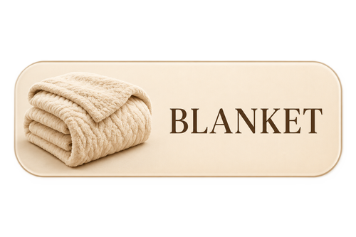 Cream-colored folded blanket with the word 'BLANKET' in large letters