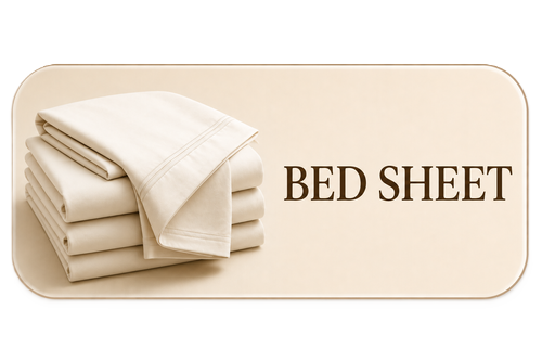 Stack of white bed sheets with a folded pillowcase or sheet on top, and the text 'BED SHEET' on the right side.