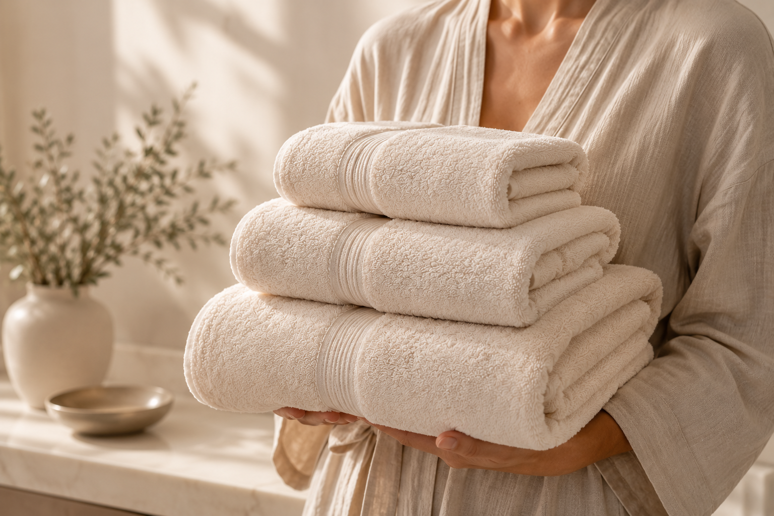 A person holding a stack of three folded beige towels in a room with a plant and a bowl on a table in the background.