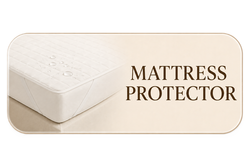 A mattress protector in white with the text 'MATTRESS PROTECTOR' on a beige background.