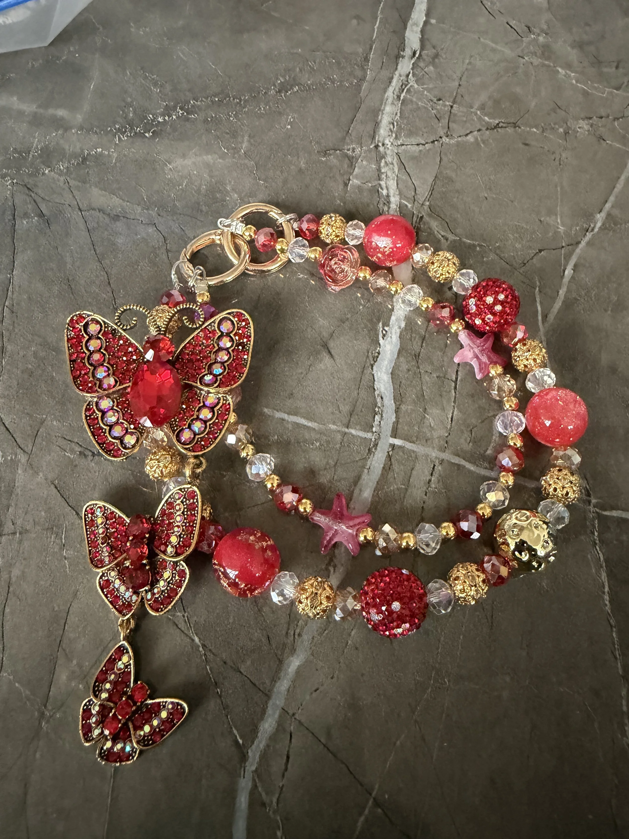Ruby & Gold Crystal Triple Butterfly Keychain/Phone Charm