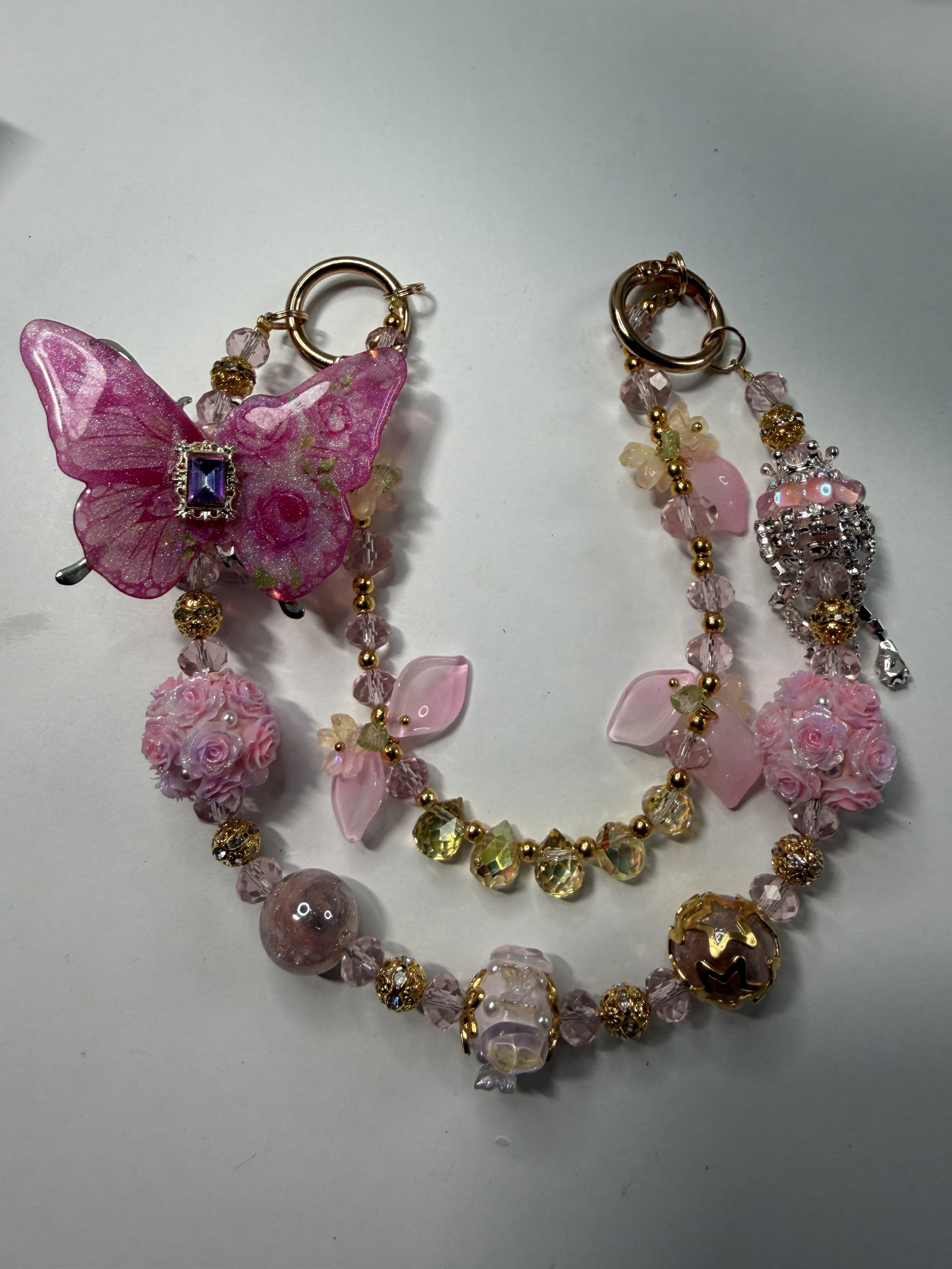 Pink & White Acrylic Butterfly Charm Key/Phonechain with Gold Accents