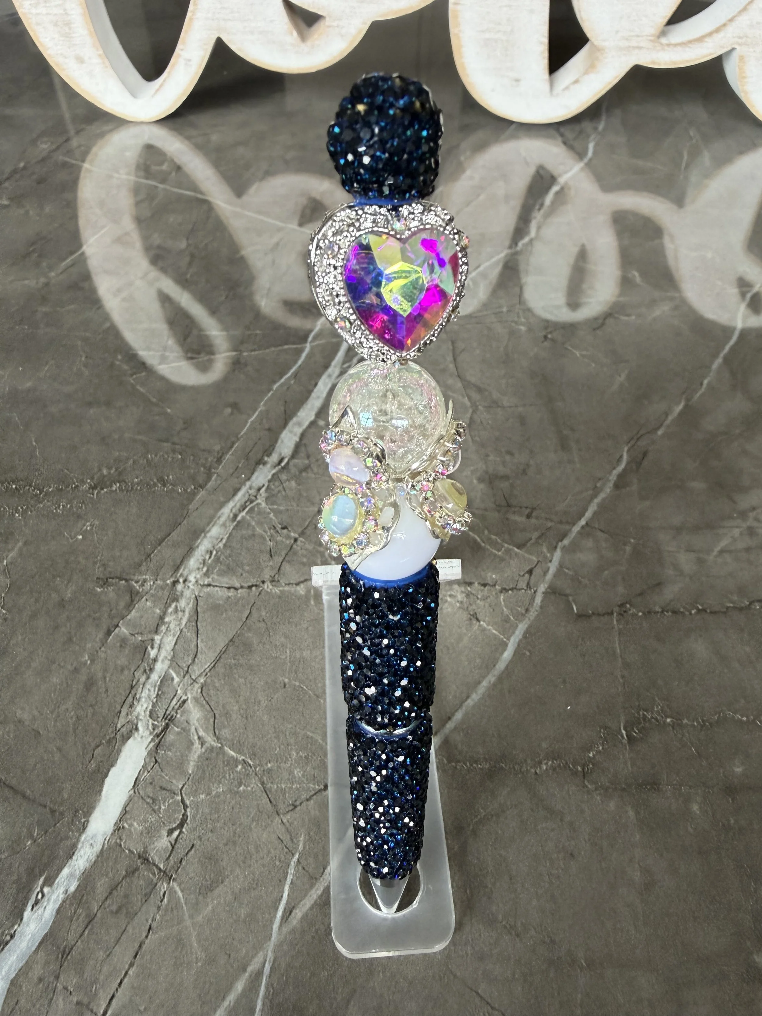 Navy Blue Bling Pen with Crystal Heart