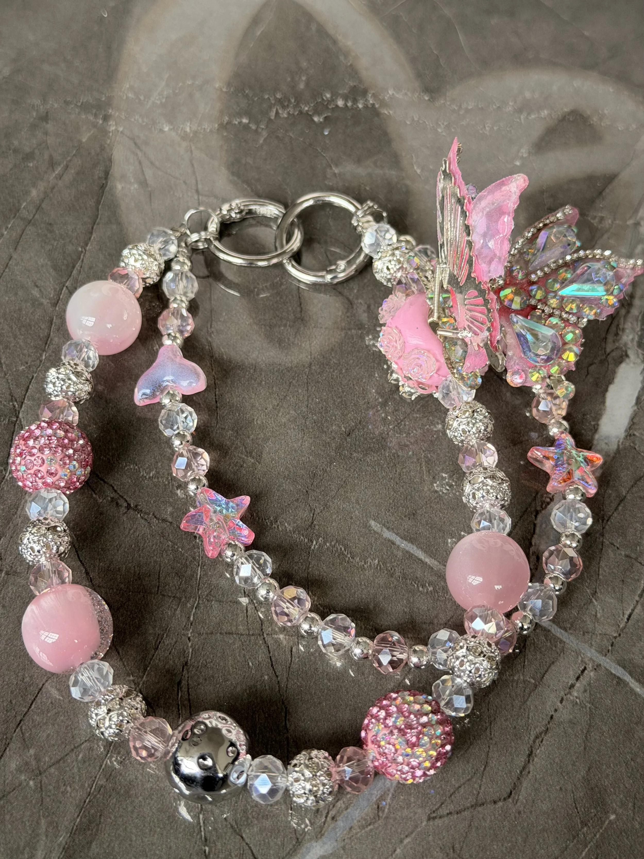 Pink & Silver Fluttery Butterfly Charm Keychain