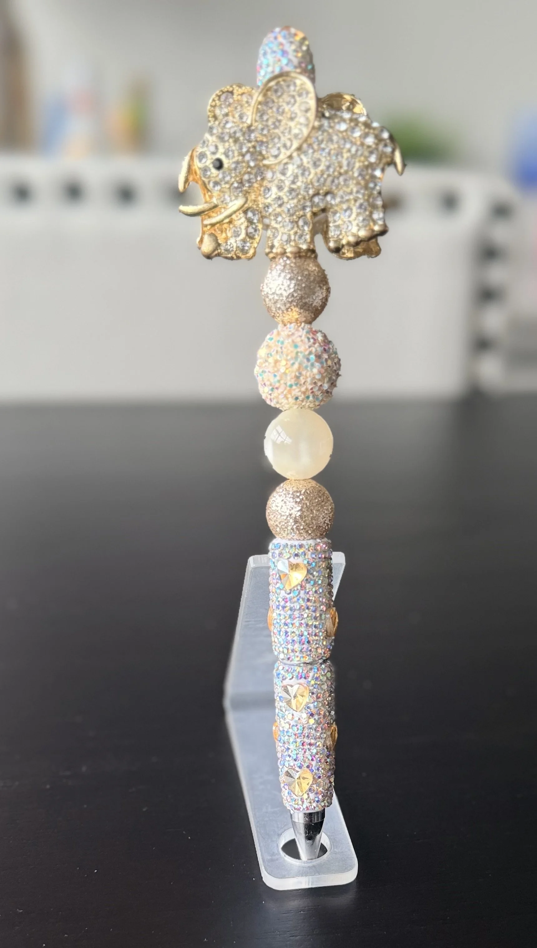 Gold Heart Stone Bling Pen with Crystal Elephant Topper (Extended Rod)