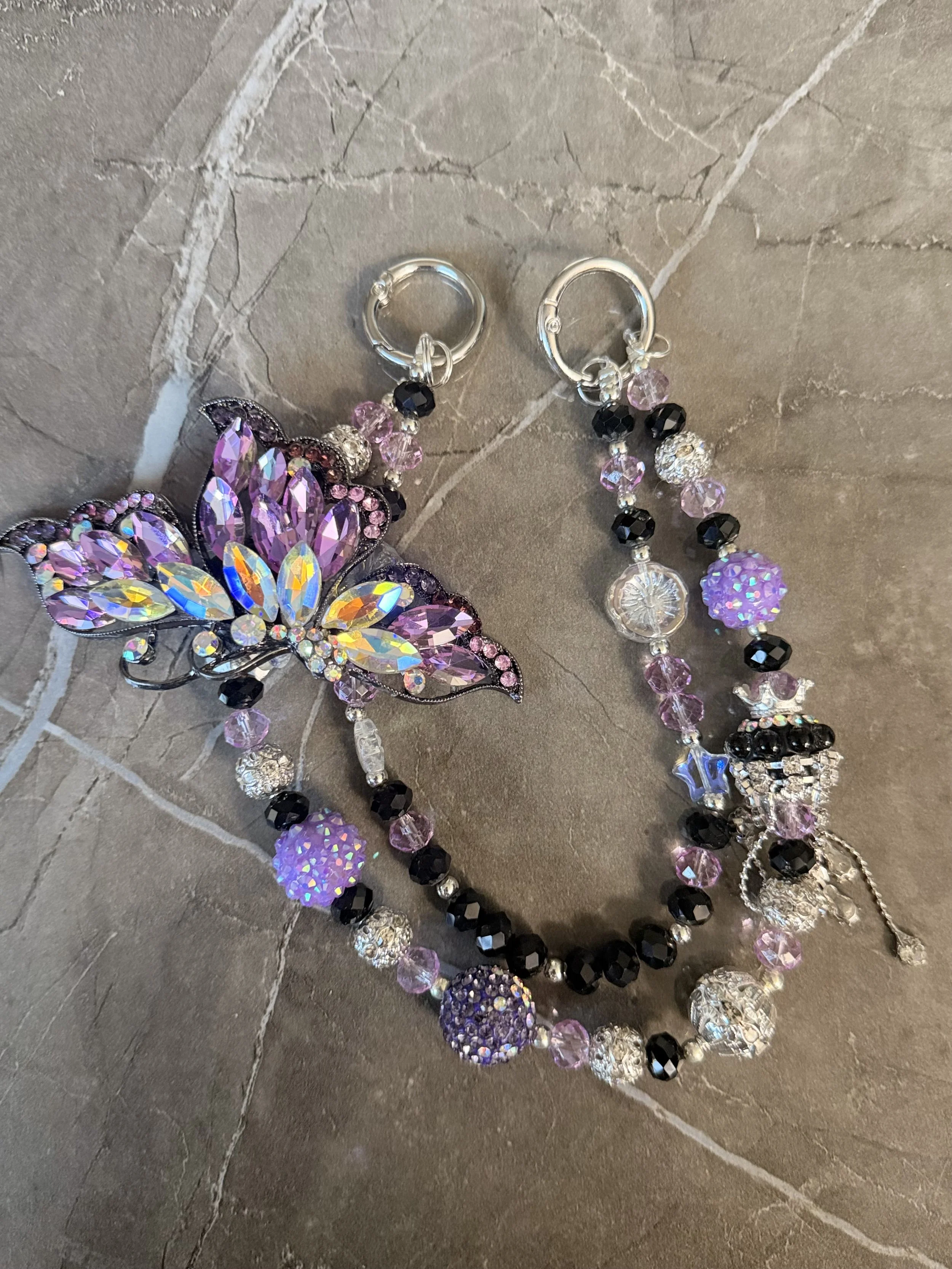 Purple Crystal & Onyx Butterfly Phone/Keychain