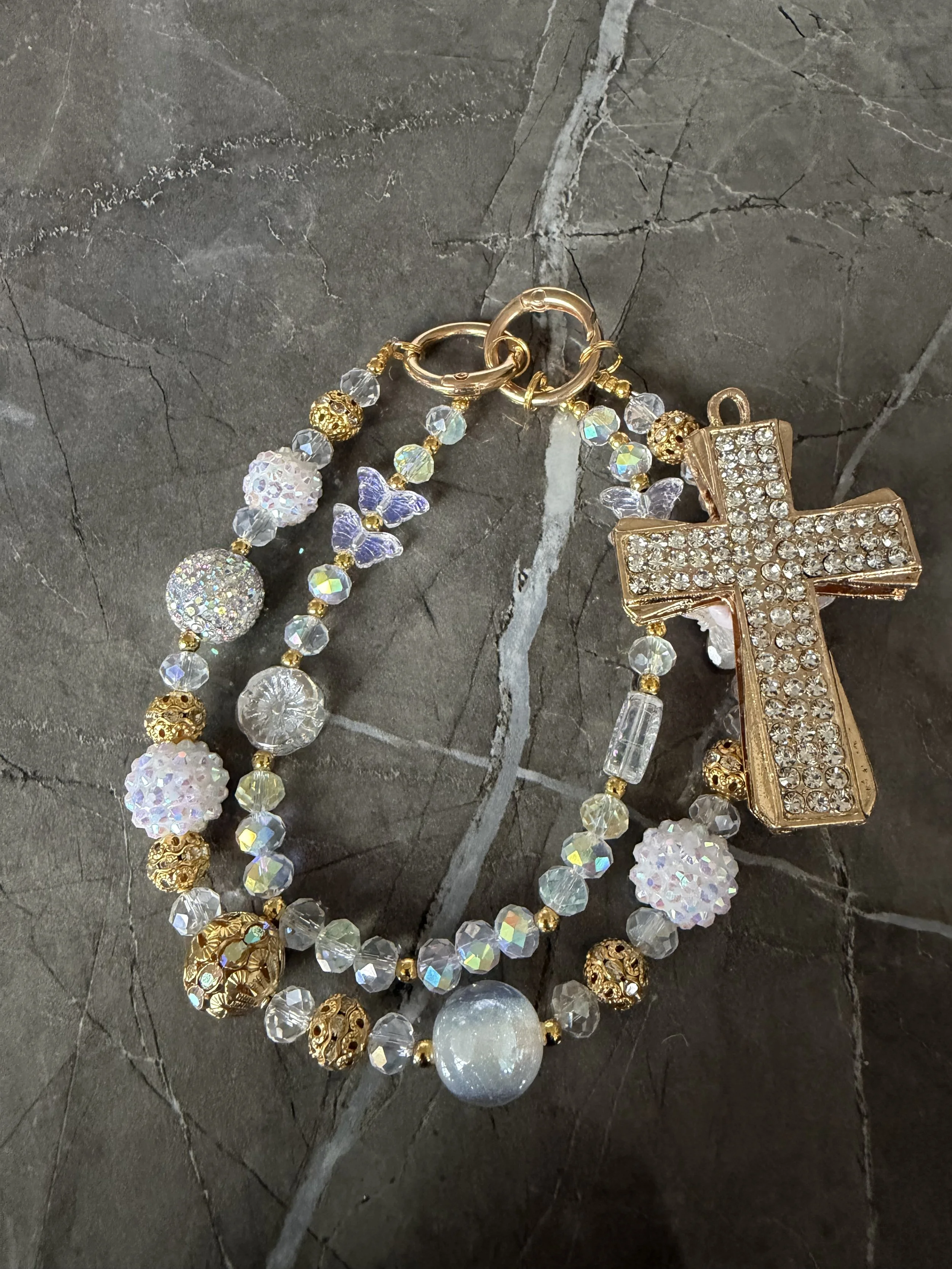White Crystal Encrusted Cross Phone/Keychain