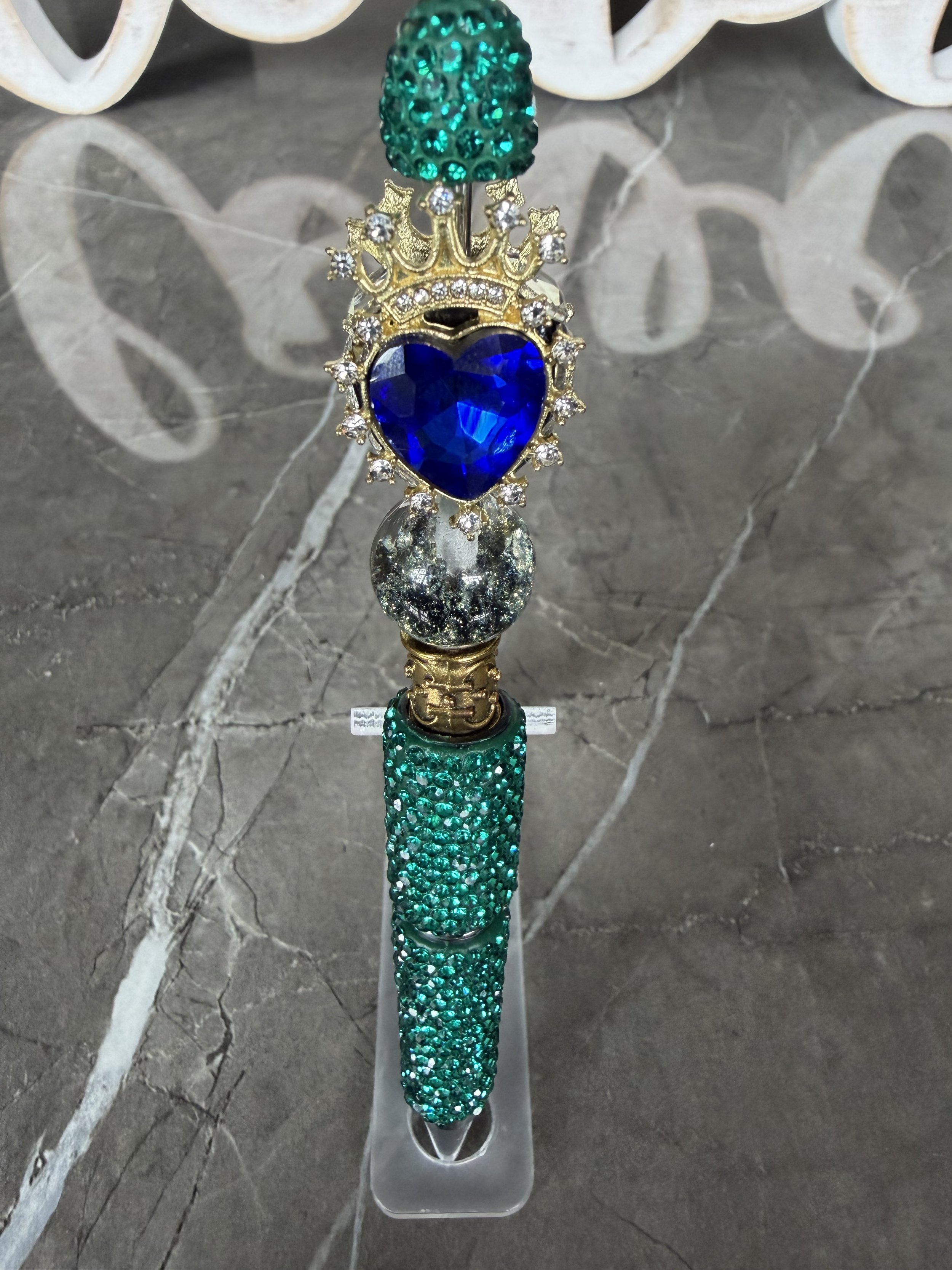 Teal Green Bling Pen with Blue Heart Crown Topper