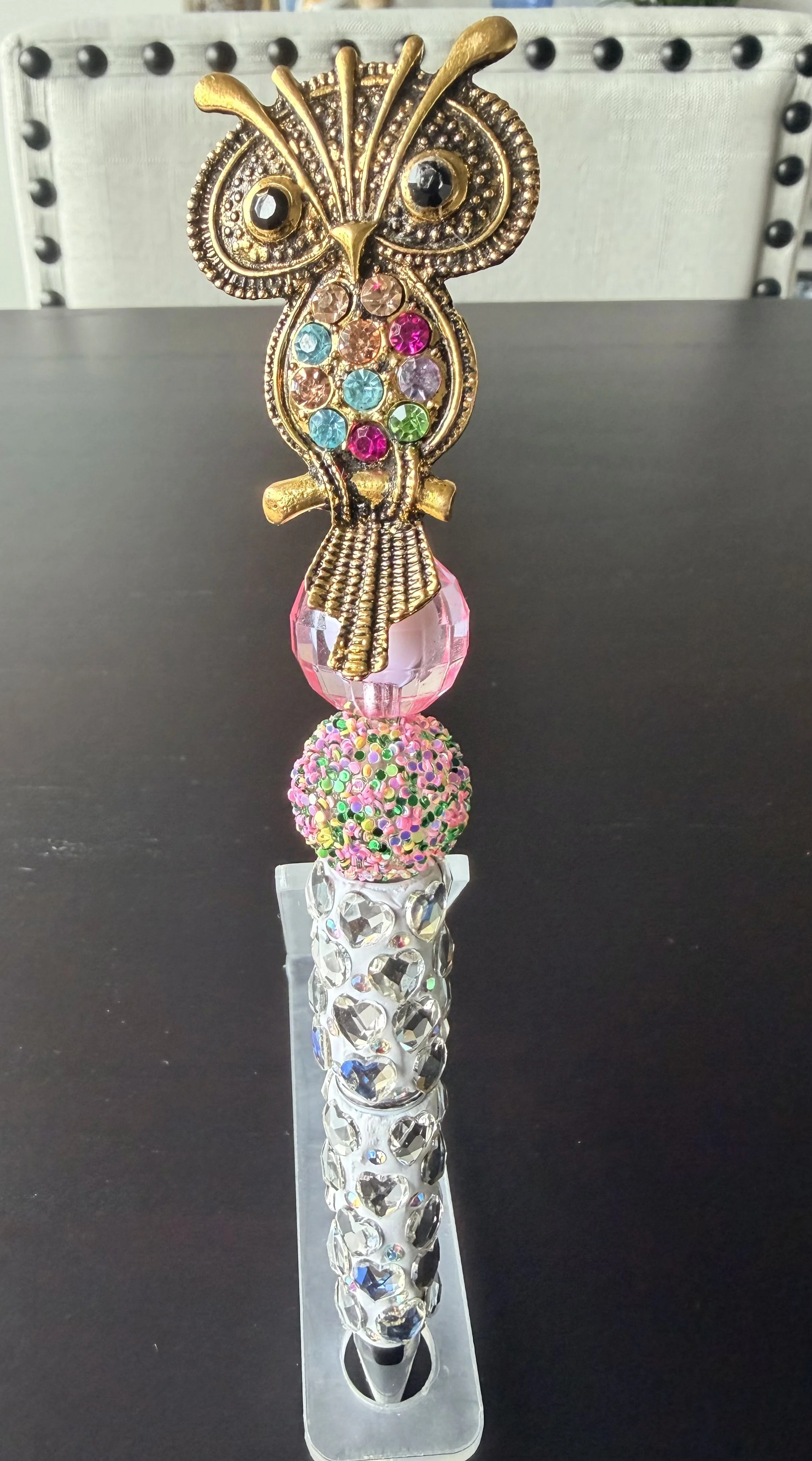 White Clay Heart Bling Pen with Gold Owl Topper