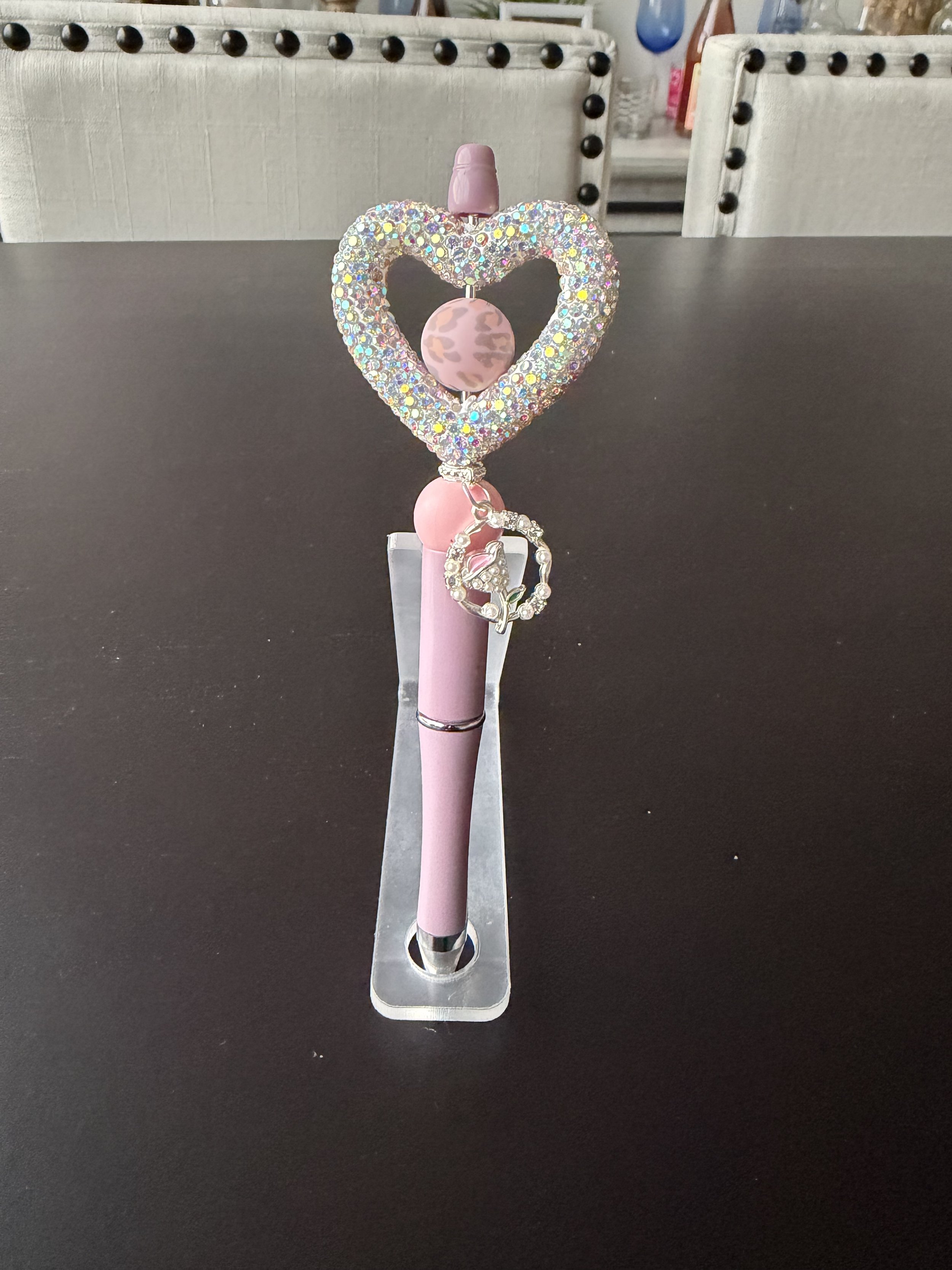 Mauve Open Heart Pen with Pink Crystal Rhinestones