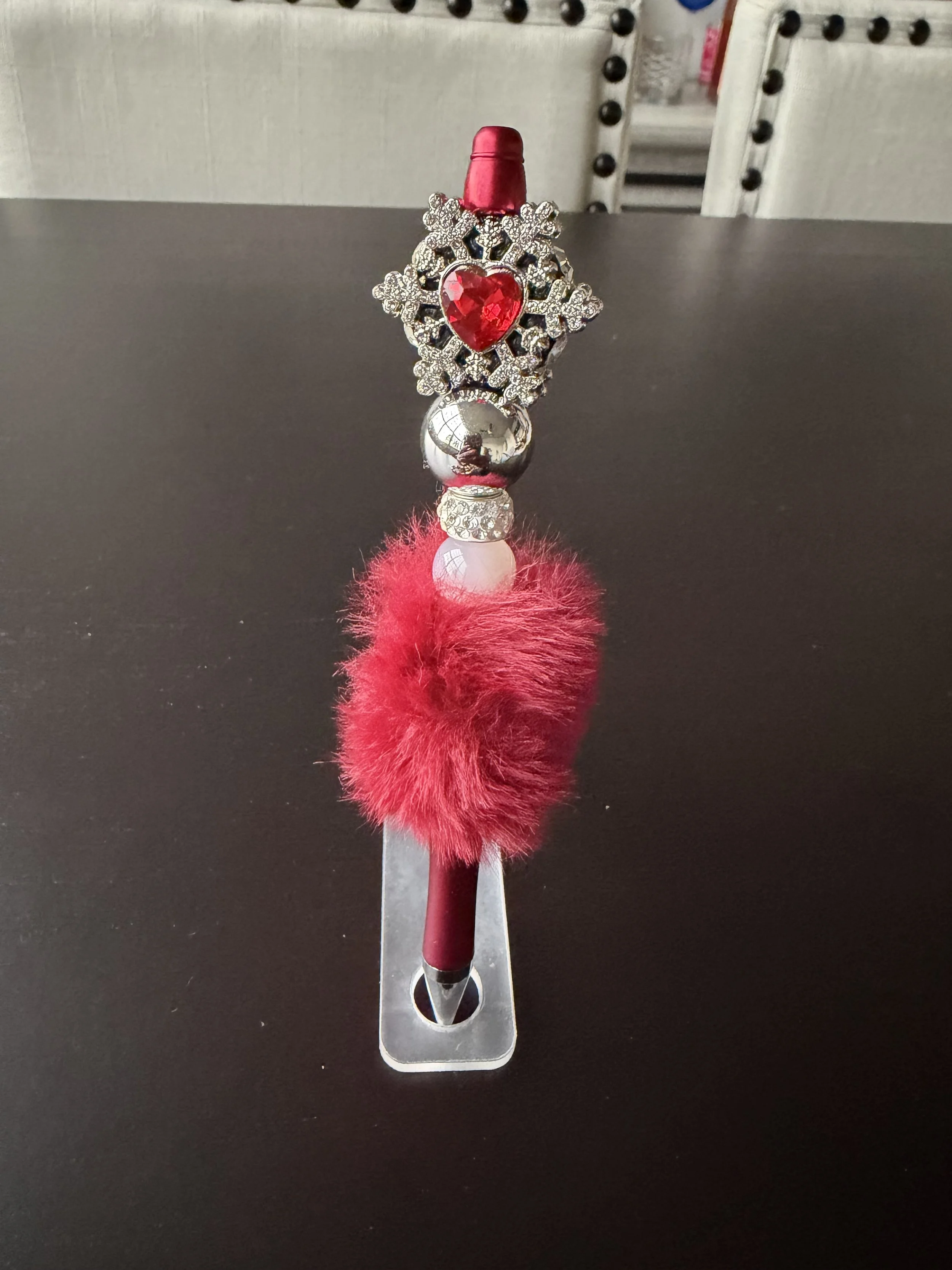 Wine Glamour Furry Pen with Crystal Snowflake Heart Topper