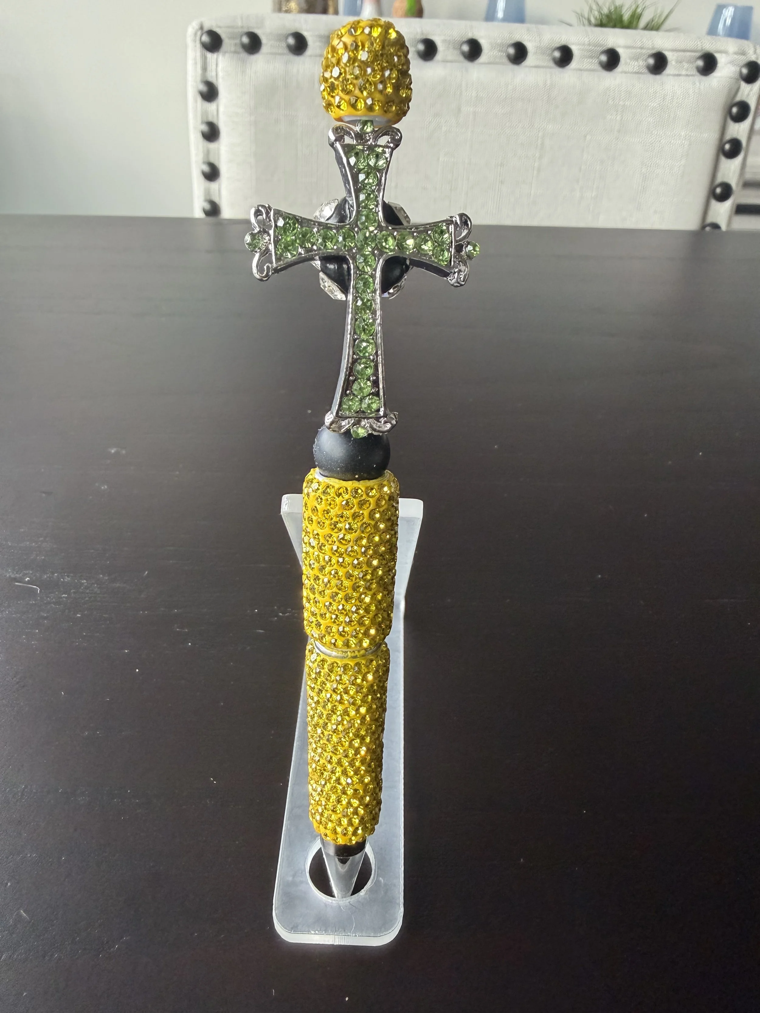 Yellow Bling Pen with Green Crystal Cross Topper