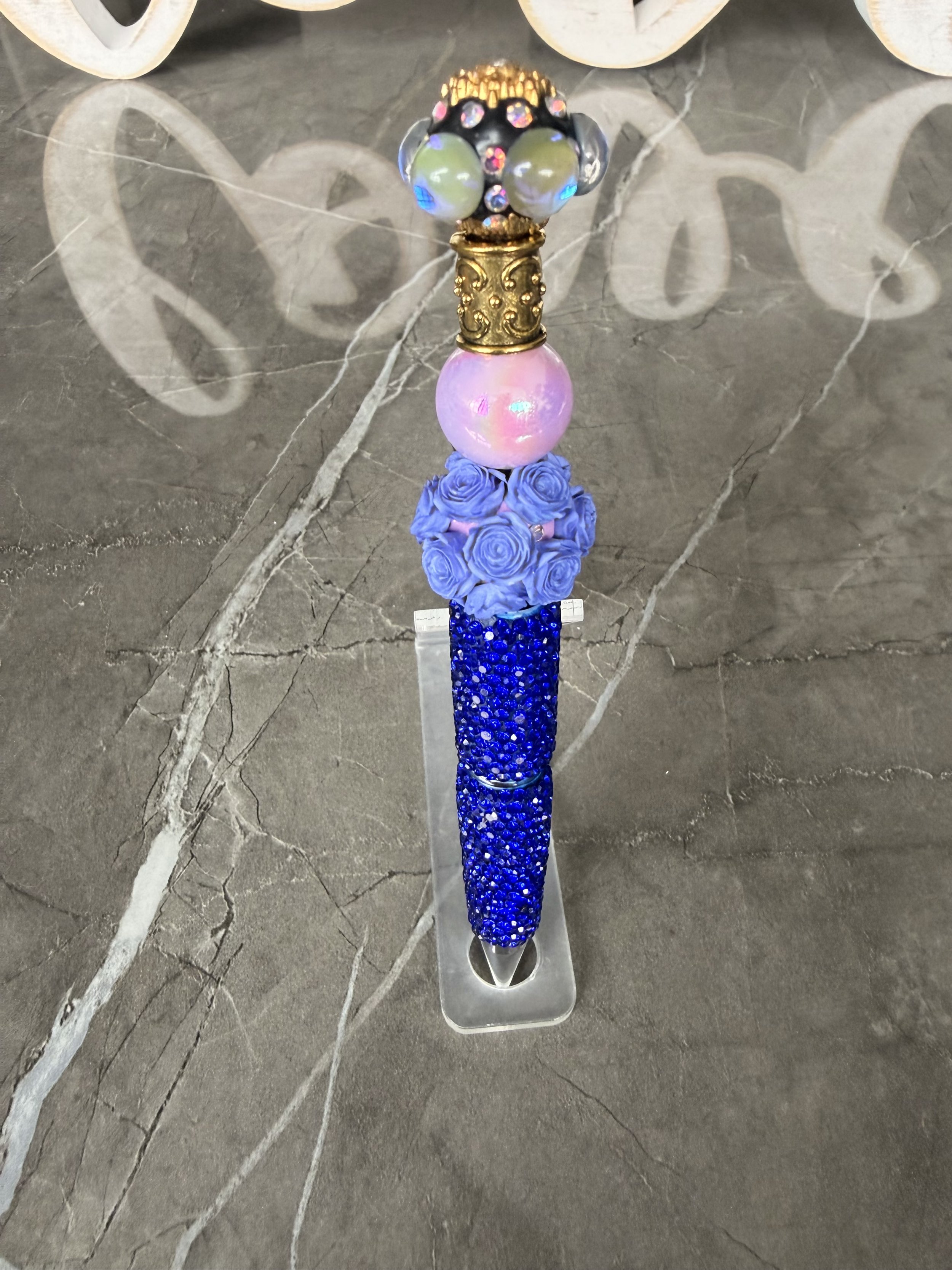 Royal Blue Bling Pen with Rose and Iridescent Bead Topper