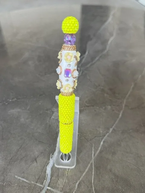 Neon Yellow Bling Pen with Floral and Rhinestone Accent