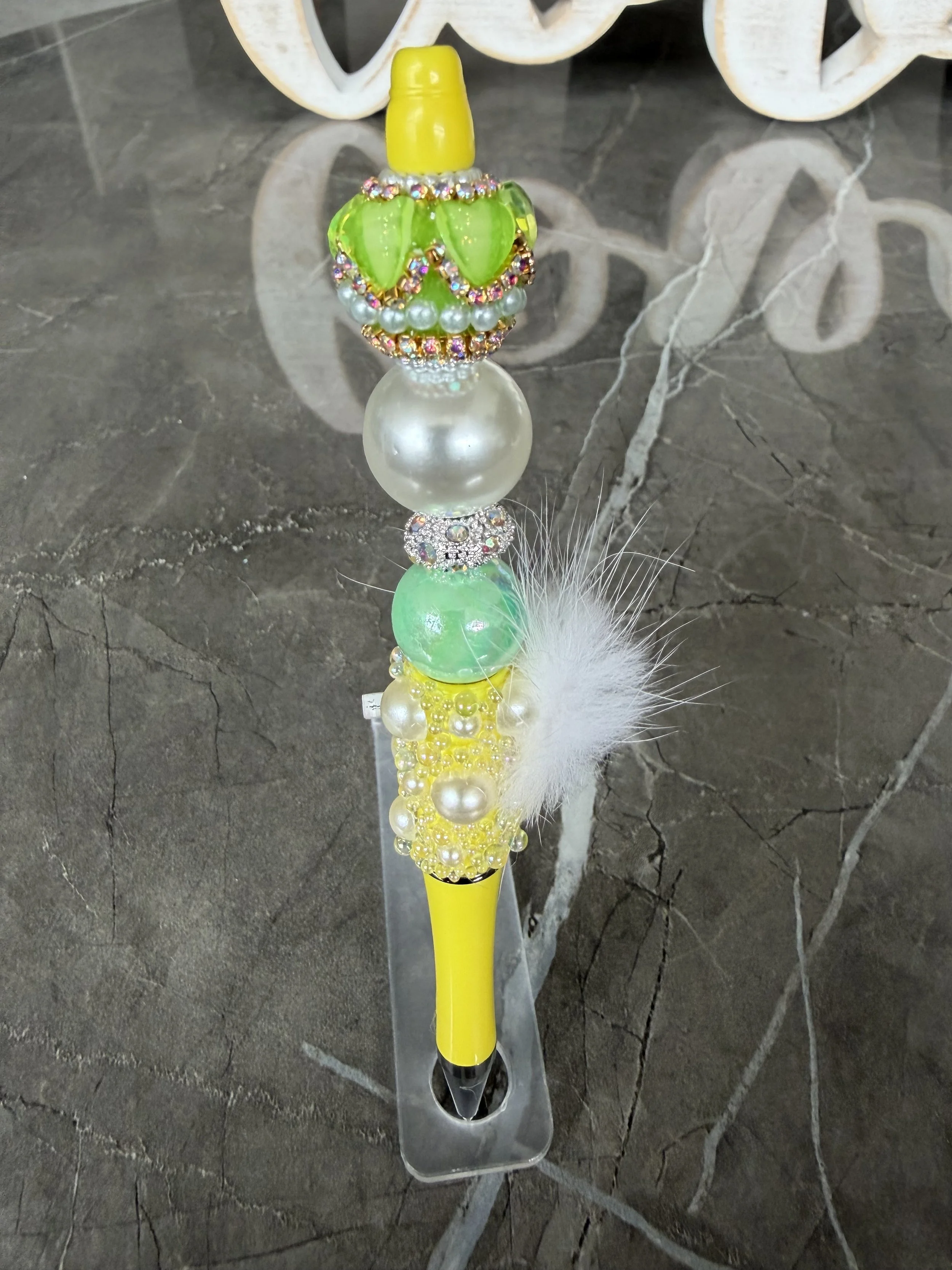 Glamorous Pearl & Fur Yellow Pen with Green Bead Topper