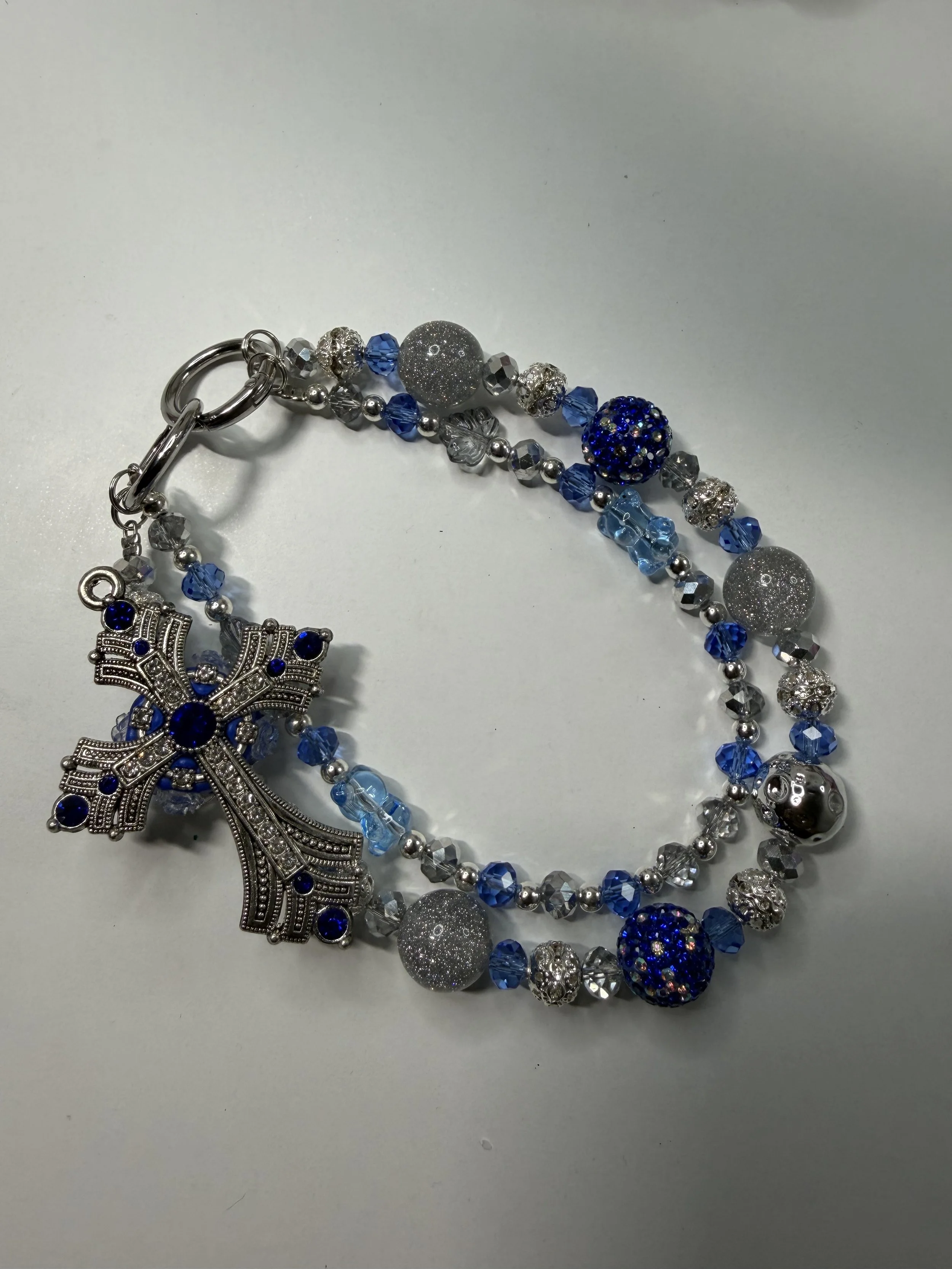 Silver Cross Key/Phonechain with Sapphire Crystals